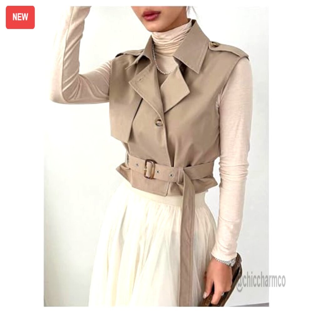 Sleeveless Cropped Trench Coat Belted Lapel Collar Vest Chic Minimal Elegant - Picture 4 of 7